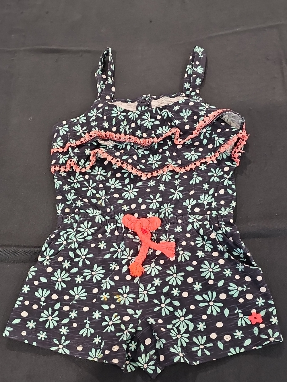 Limited Too Navy Floral Romper with Coral Trim 100% Cotton Girl Size M (5)